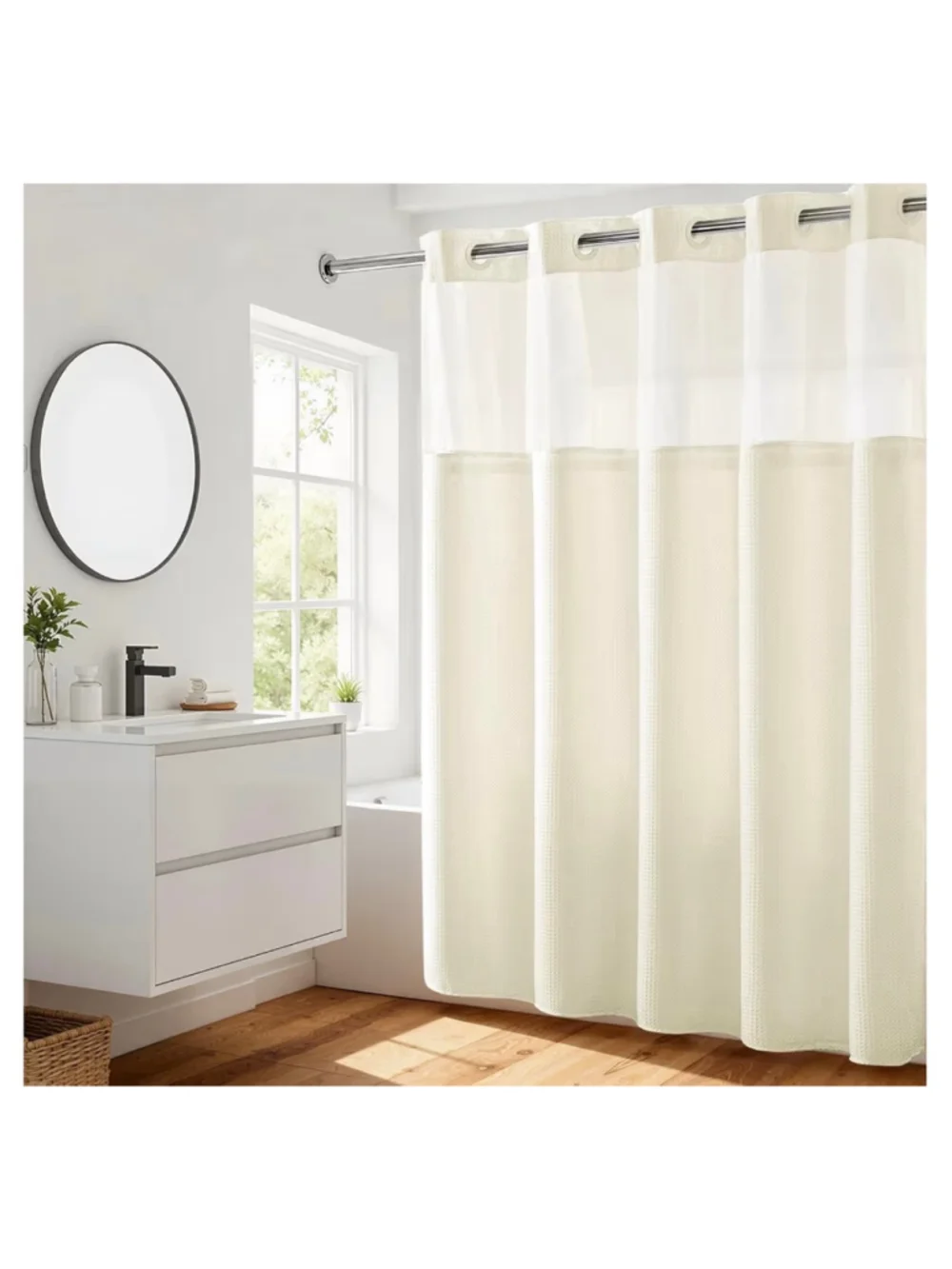 NEW Heavyweight No Hooks Required Dotted Waffle Weave Shower Curtain 72x75”